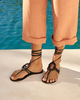 Mer Leather And Wood Effect<br />Lace-Up Ring Sandals |