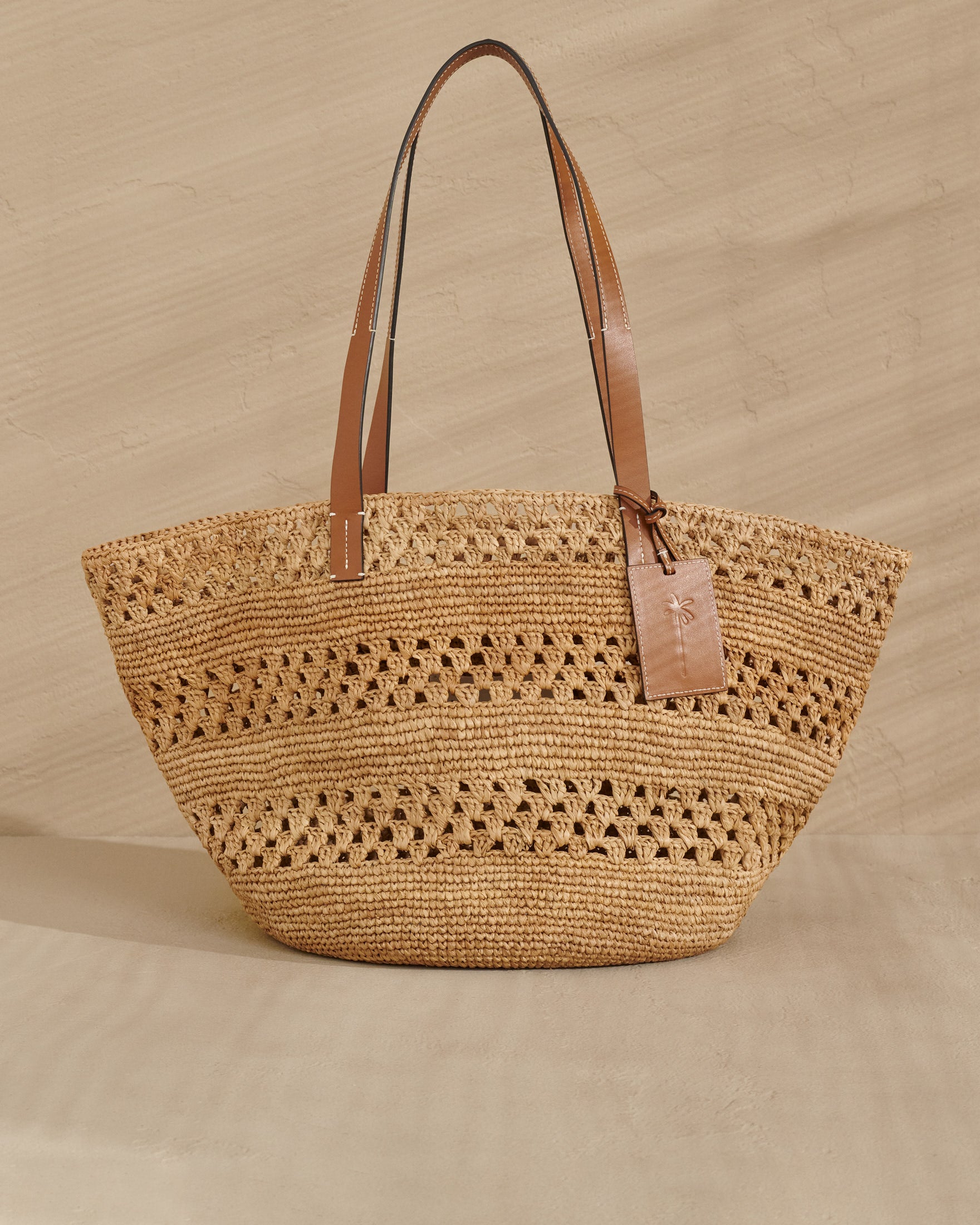 Manebi | Weaving Raffia & Leather Basket Bag - Leather Tag - Tan-V22CK