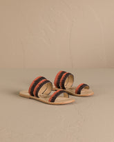 Raffia Stripes Leather<br />Three Bands Sandals - Women’s Shoes | 