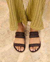 Raffia Stripes Leather<br />Three Bands Sandals | 