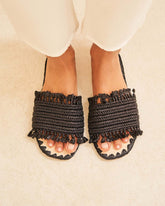 Fringed Knots Raffia and Leather Sandals |