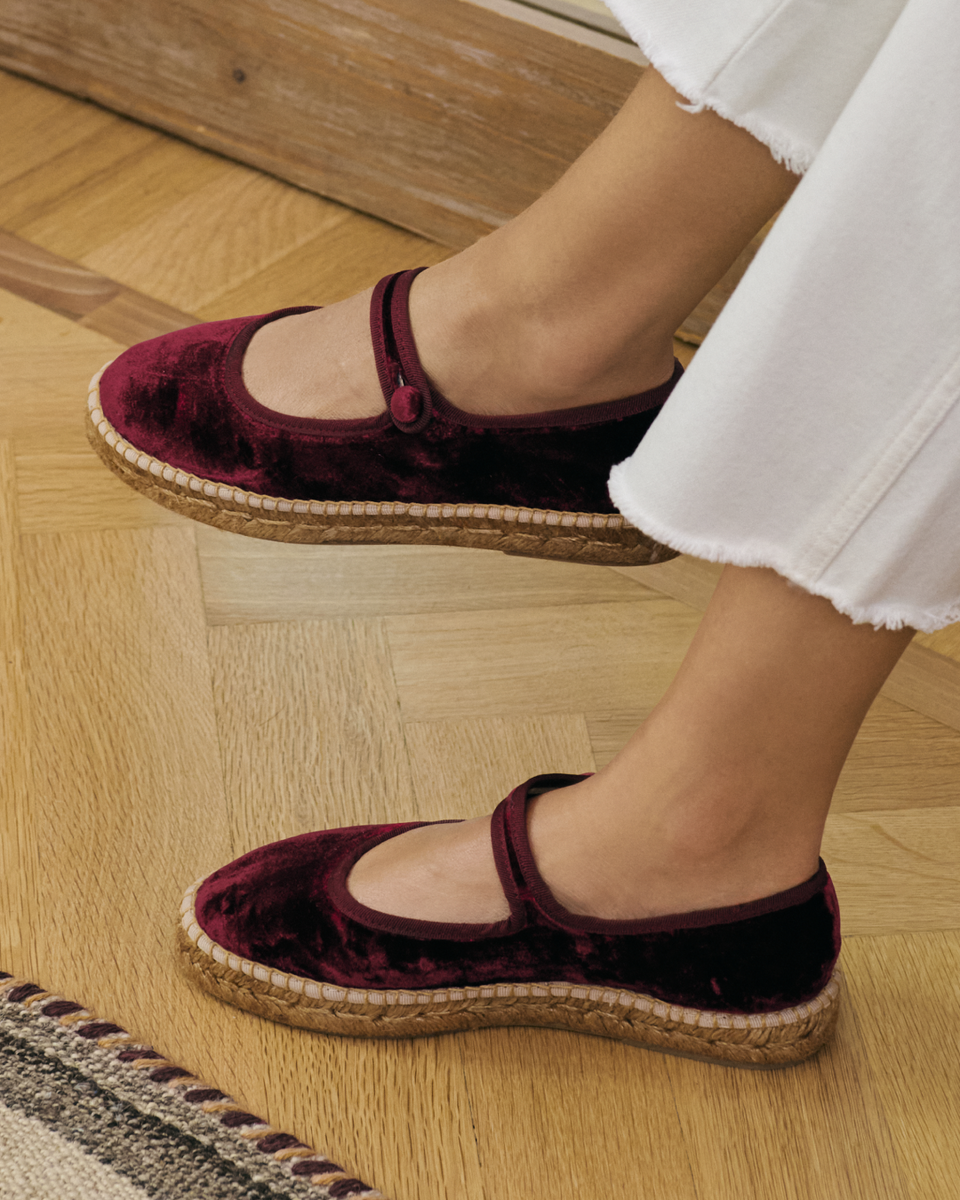 Manebi Silk Velvet Flat Ballerina With Strap Monaco Bordeaux
