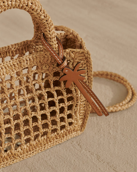 Natural Raffia Sunset Bag Mini Net - Palm Leather Tag - Tan