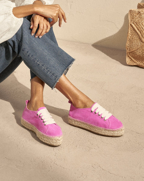 Suede Lace-Up Espadrilles - Hamptons - Bold Pink