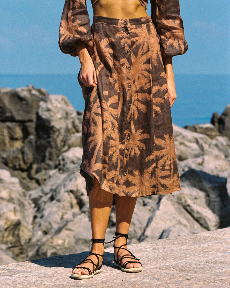 Printed Linen Cordoba Skirt - Cocoa And Orange Rust Maxi Palm