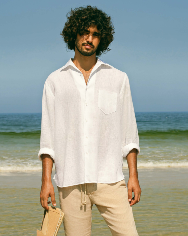 Manebí Linen Panama Shirt - Embroidered Palm White