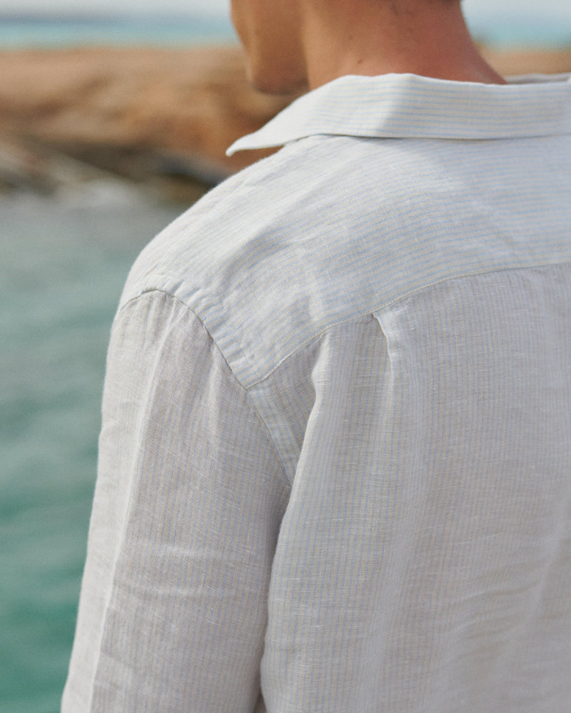 Linen Nassau Polo Shirt - Embroidered Palm - Beige And Light Blue Mini-Mid Stripes
