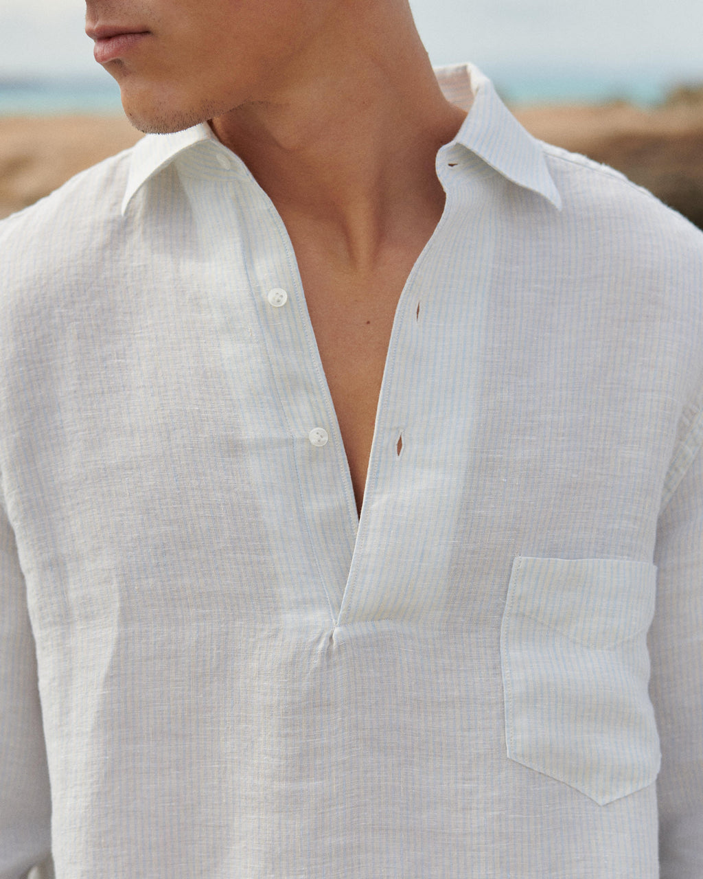 Linen Nassau Polo Shirt - Beige And Light Blue Mini-Mid Stripes
