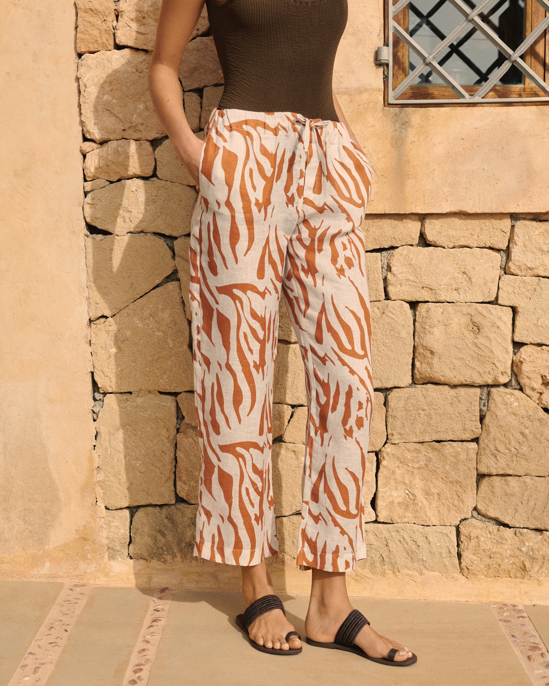 Manebí Printed Linen Belem Trousers - Eggnog \u0026 Orange Rust Zebra