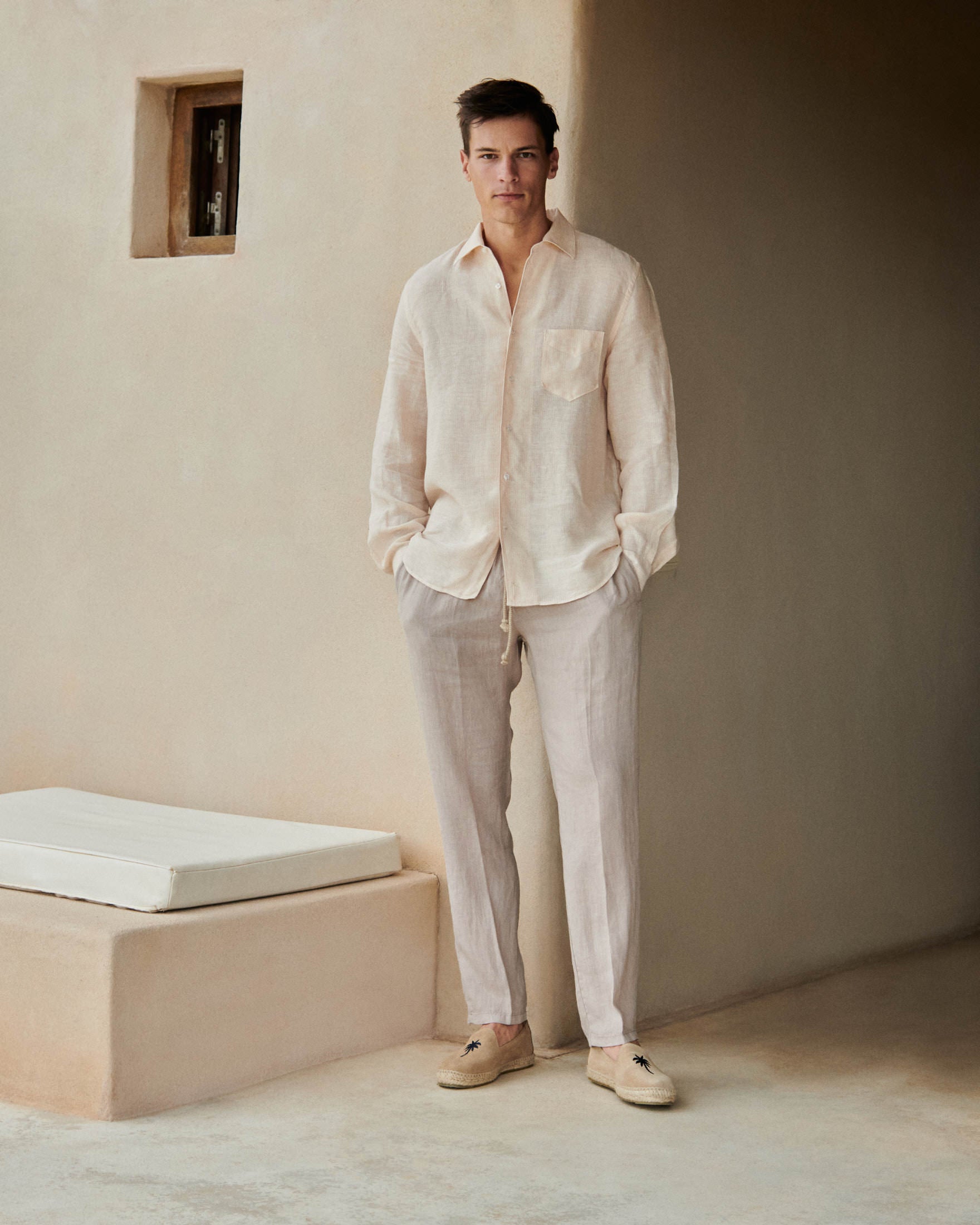 Linen Panama Shirt - Beige And Rose Mini-Mid Stripes