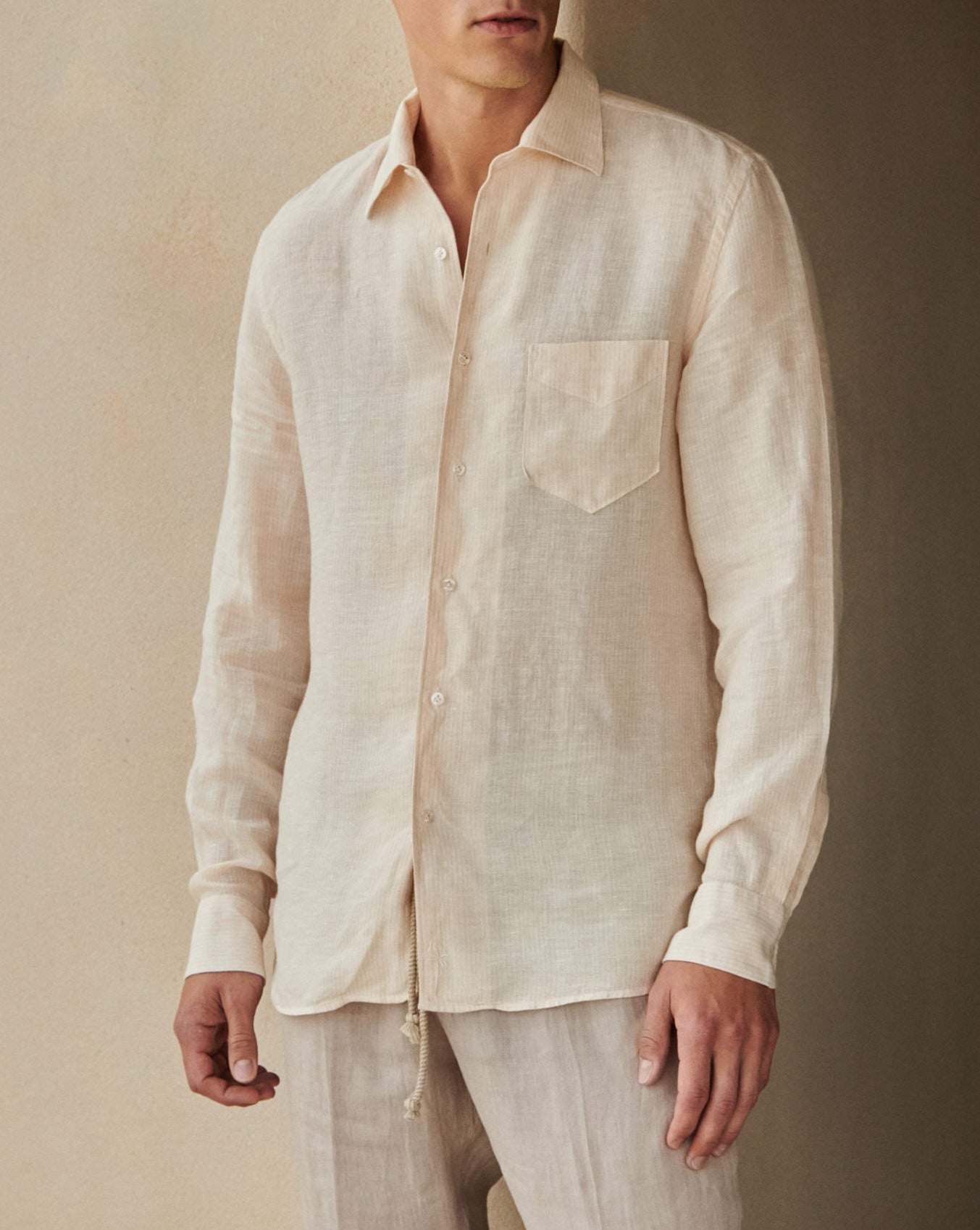 Linen Panama Shirt - Embroidered Palm - Beige And Rose Mini-Mid Stripes