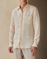 Linen Panama Shirt - Beige And Rose Mini-Mid Stripes | 