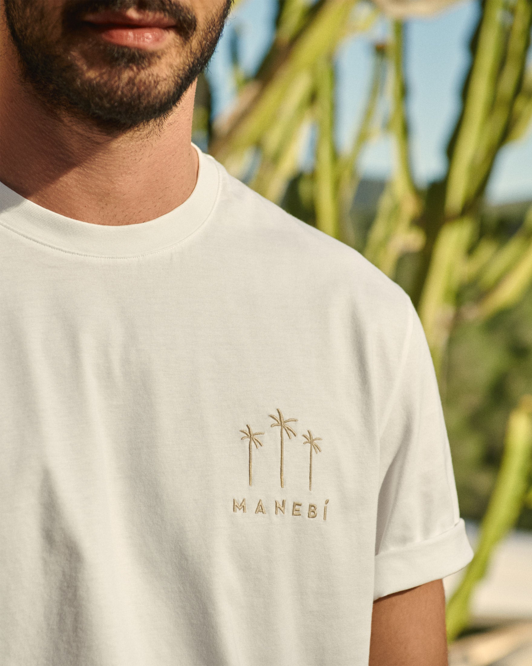 Manebí Jersey L. A. T-Shirt - Embroidered Off White Sand Palms And Logo Embroidery