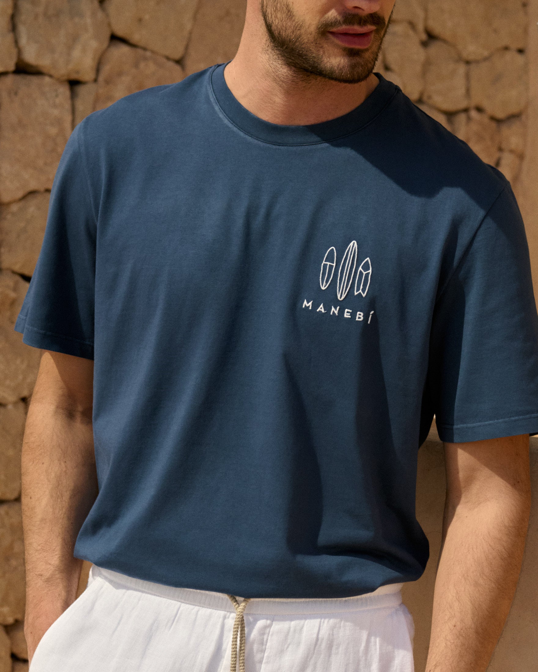 Manebí Jersey L. A. T-Shirt - Embroidered Night Blue And Off White Surf Logo