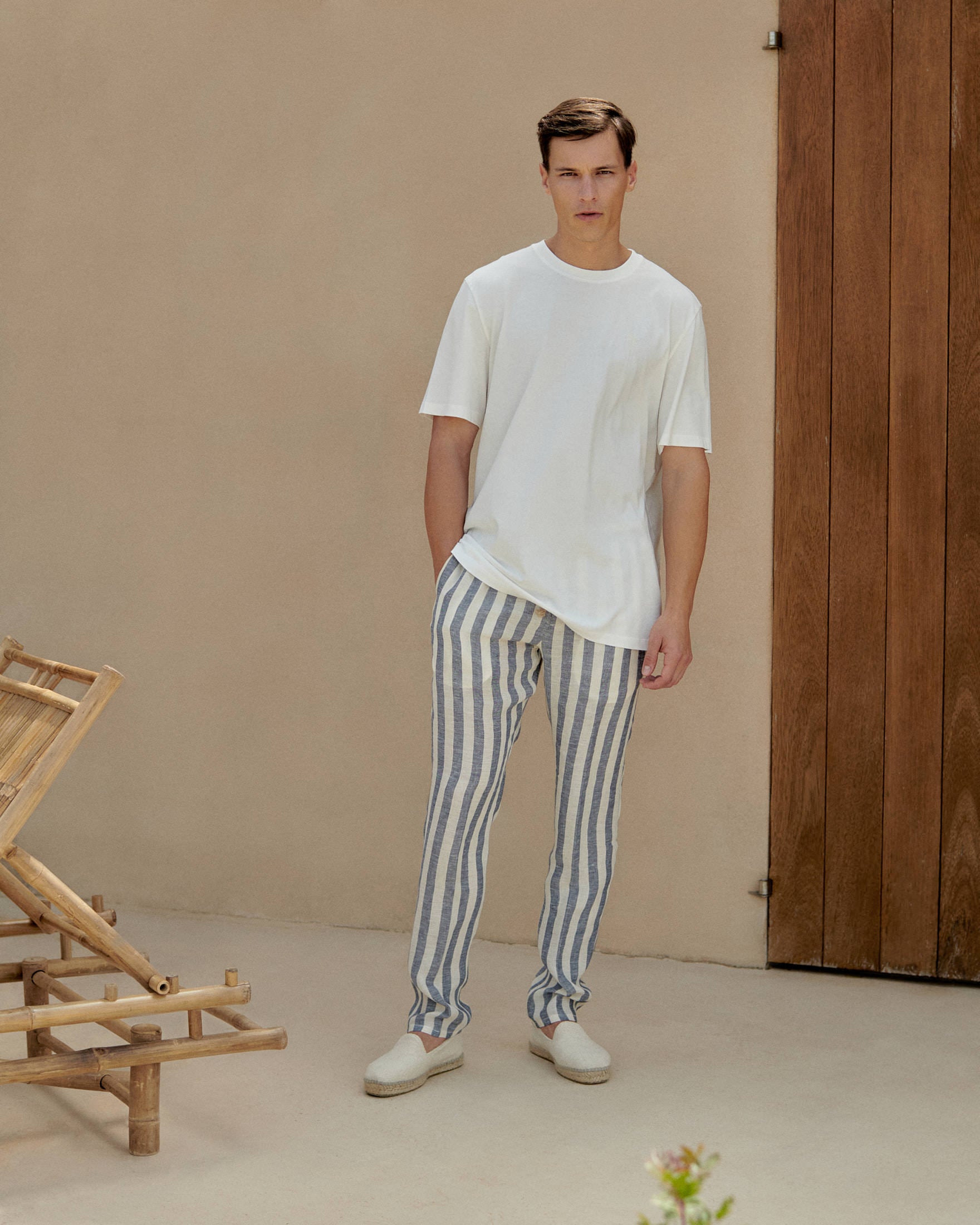 Light Linen Venice Trousers - Blue Beige Maxi Stripes