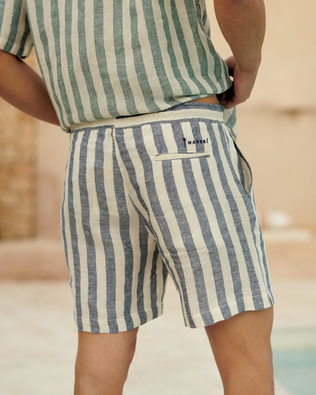 Light Linen Malibu Shorts - Embroidered Logo - Blue Beige Maxi Stripes