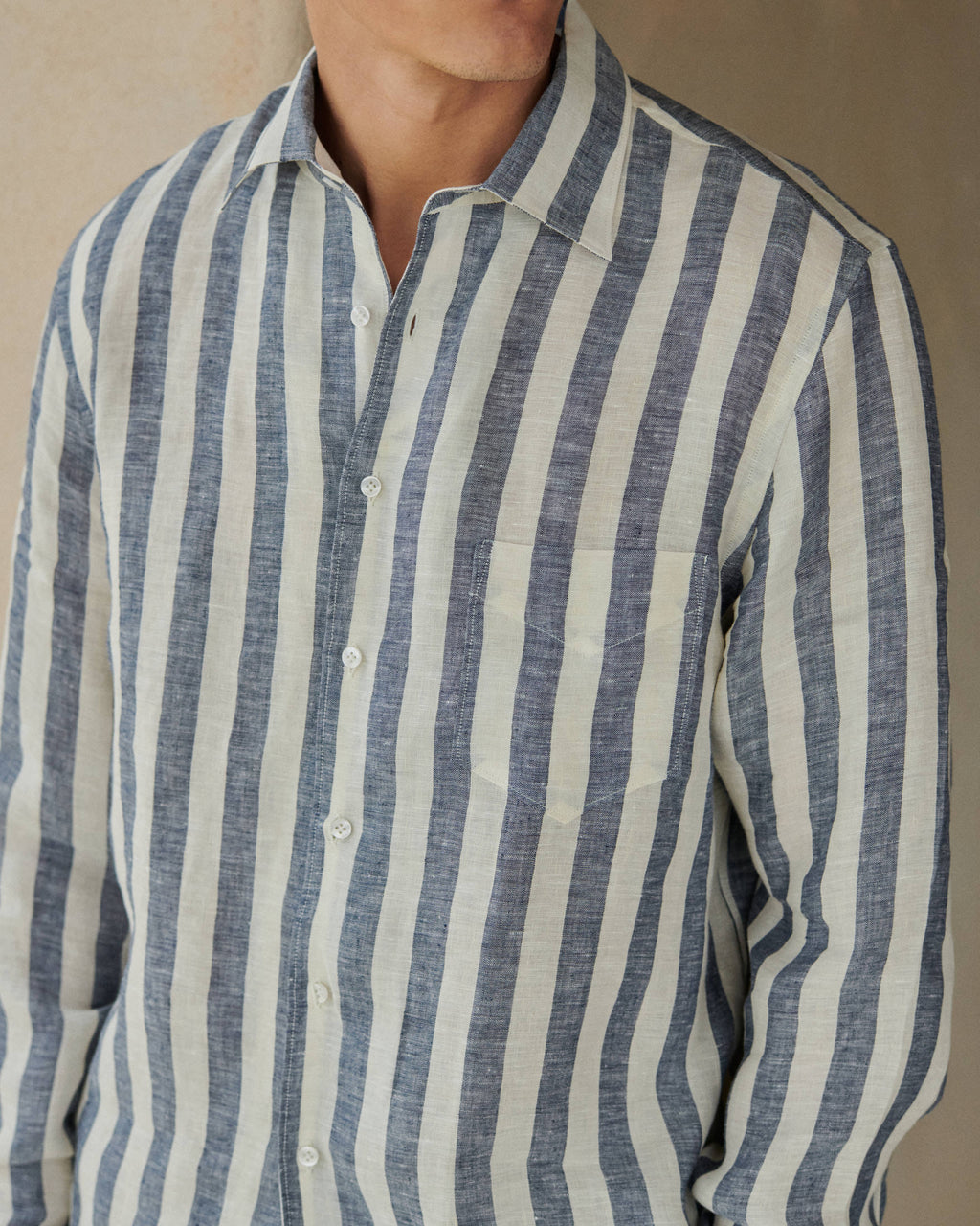 Linen Panama Shirt - Blue Beige Maxi Stripes
