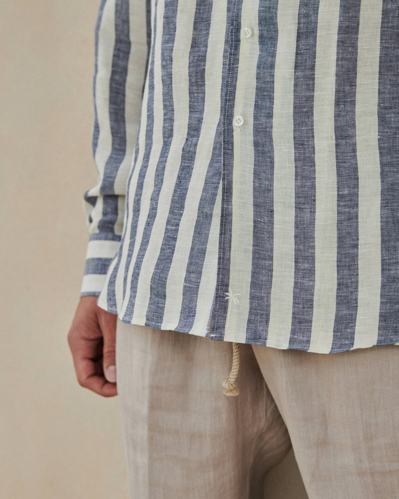 Linen Panama Shirt - Blue Beige Maxi Stripes