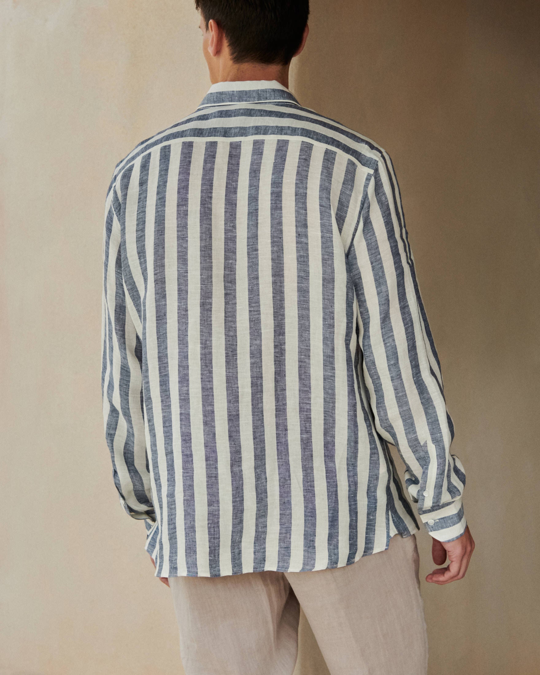 Linen Panama Shirt - Embroidered Palm - Blue Beige Maxi Stripes