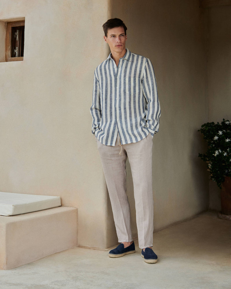 Linen Panama Shirt - Embroidered Palm - Blue Beige Maxi Stripes