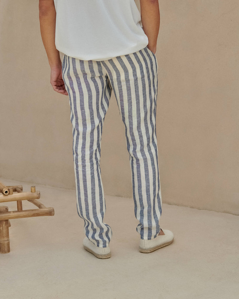 Light Linen Venice Trousers - Embroidered Logo - Blue Beige Maxi Stripes