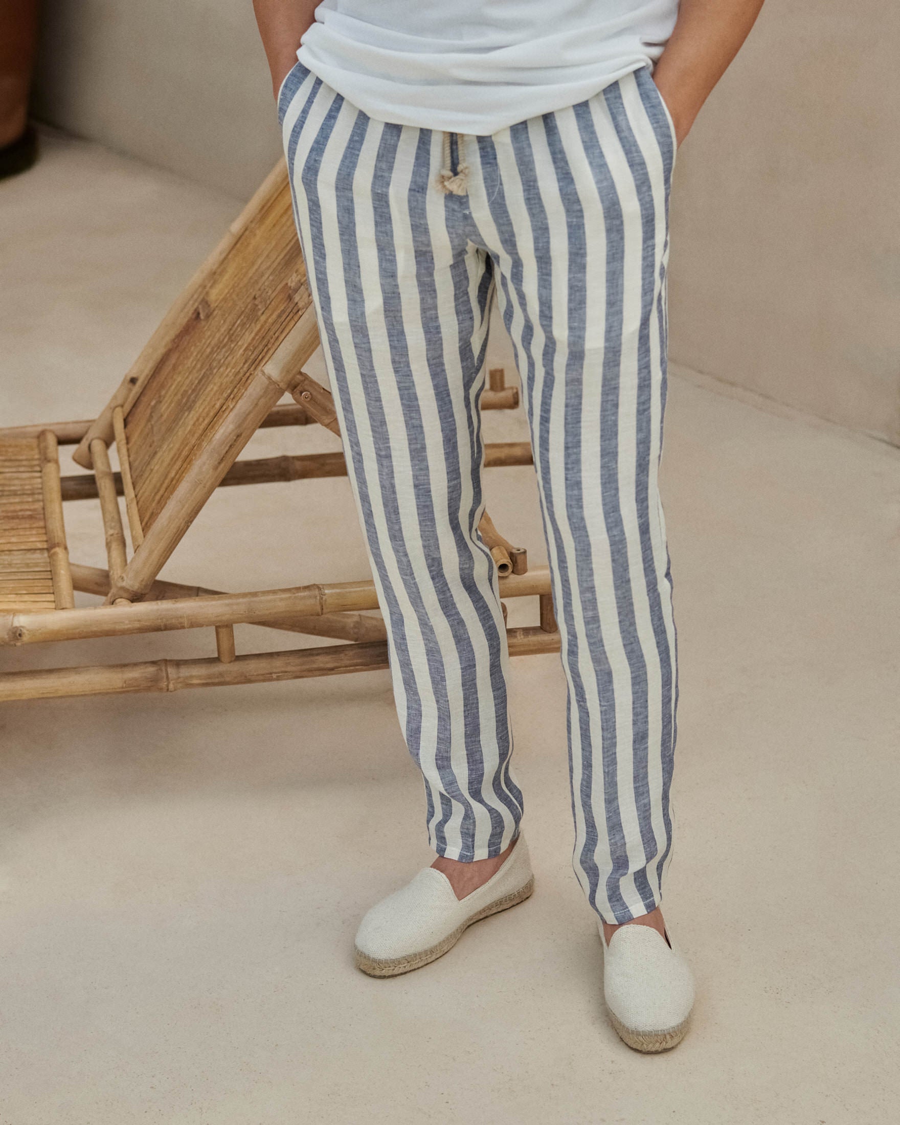 Light Linen Venice Trousers - Embroidered Logo - Blue Beige Maxi Stripes