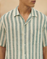 Linen Havana Camp-Collar Shirt - Green Beige Maxi Stripes | 