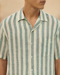 Linen Havana Camp-Collar Shirt - Green Beige Maxi Stripes