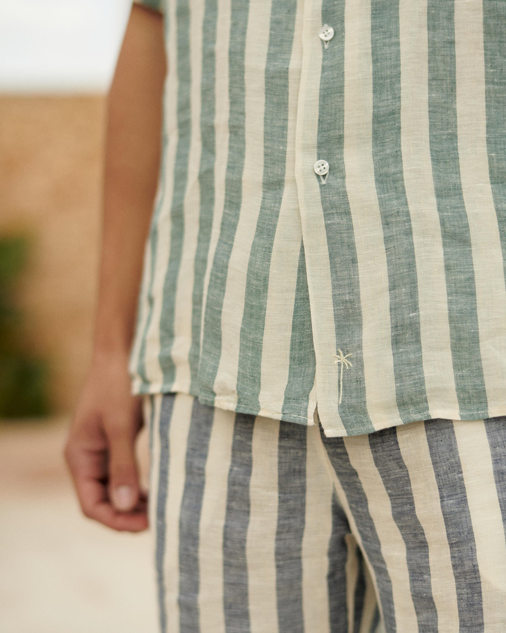 Linen Havana Camp-Collar Shirt - Embroidered Palm - Green Beige Maxi Stripes
