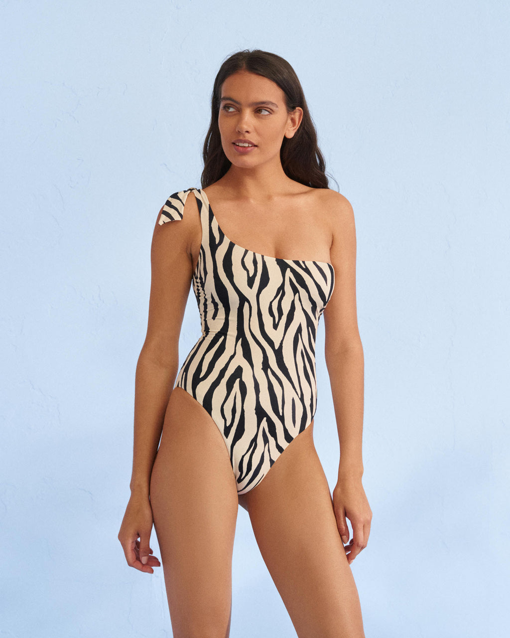 Tie-Up One Shoulder One Piece - Printed Soft Touch - Mini Ivory Zebra