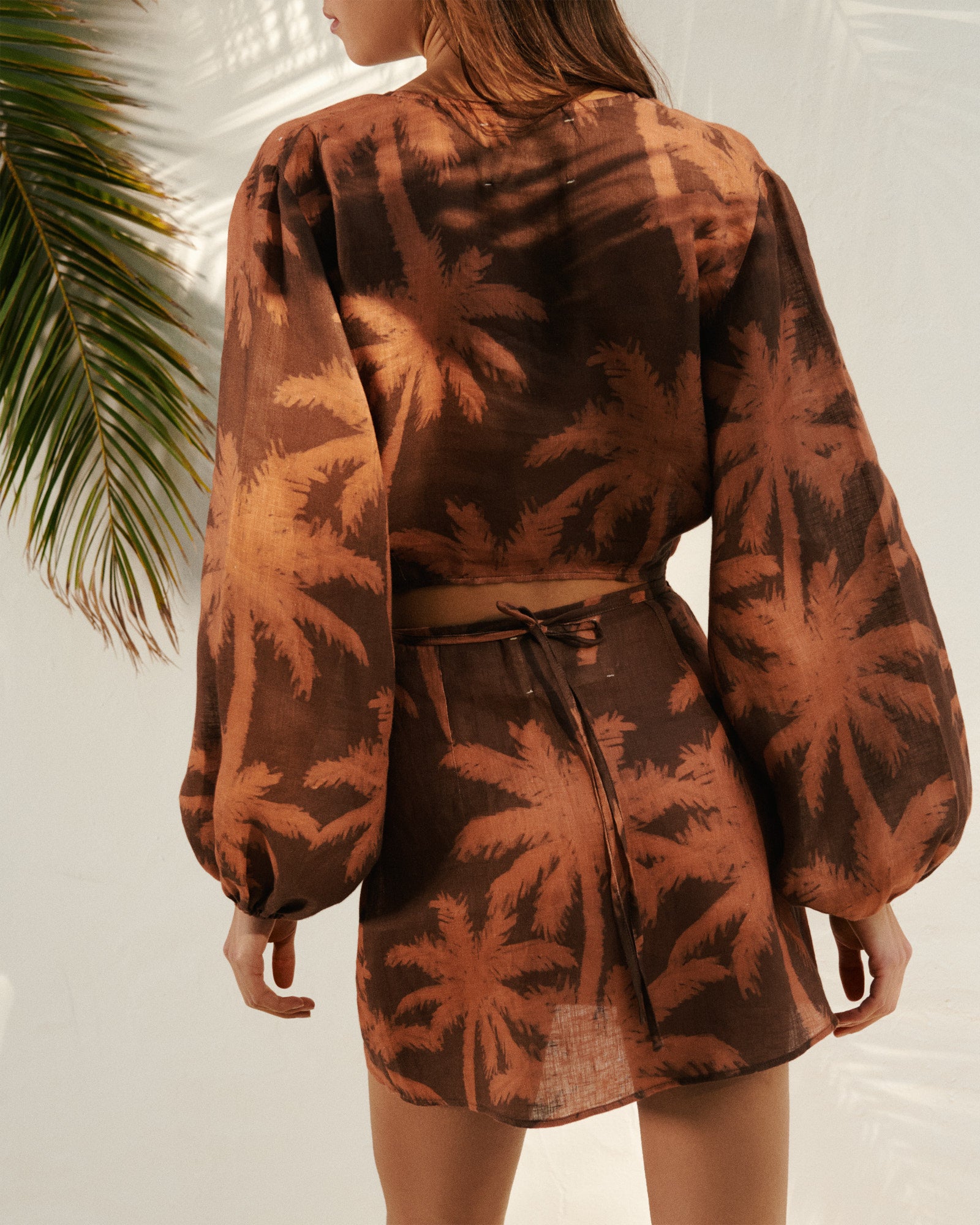 Printed Linen Antigua Top - Cocoa And Orange Rust Maxi Palm