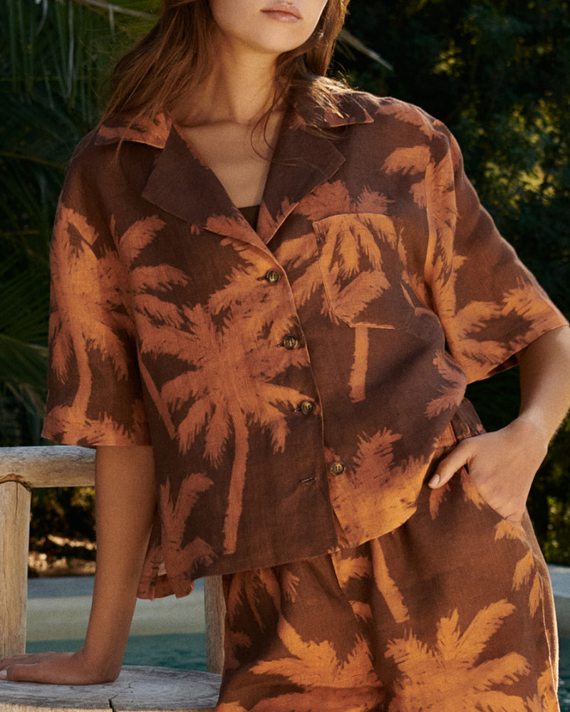 Printed Linen Cumana Shirt - Cocoa And Orange Rust Maxi Palm