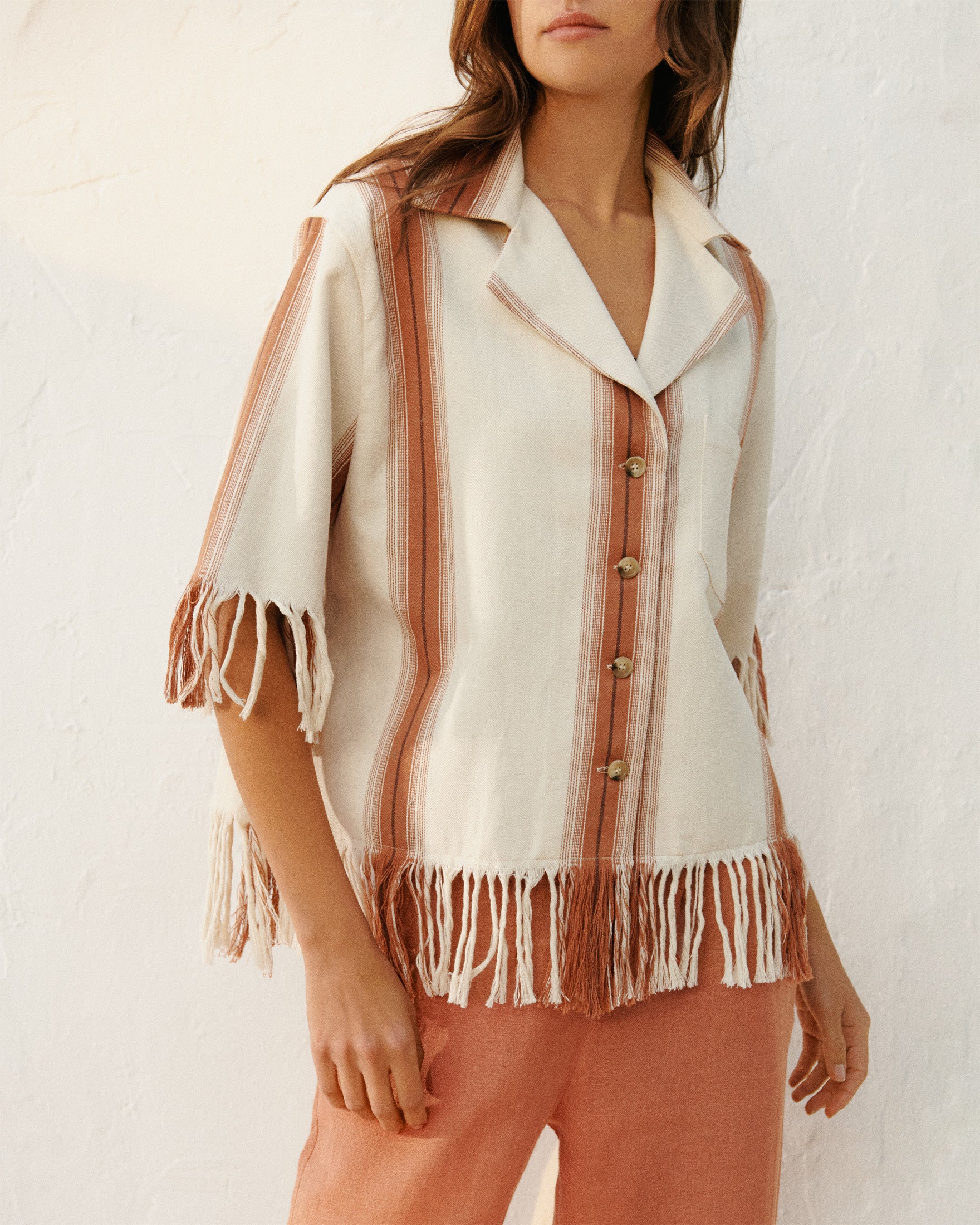 Manebí Cotton Silk Blend Cumana Shirt - Eggnog \u0026 Rust Stripes And Fringes