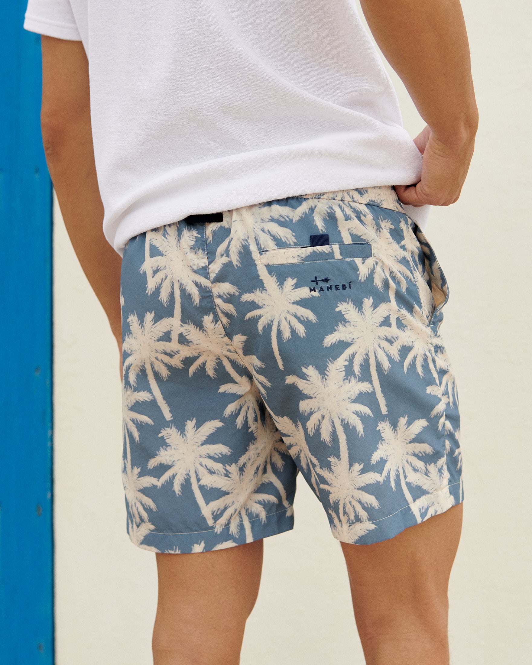 Printed Swim Shorts - Hand-Drawn Macro Palm - Indigo