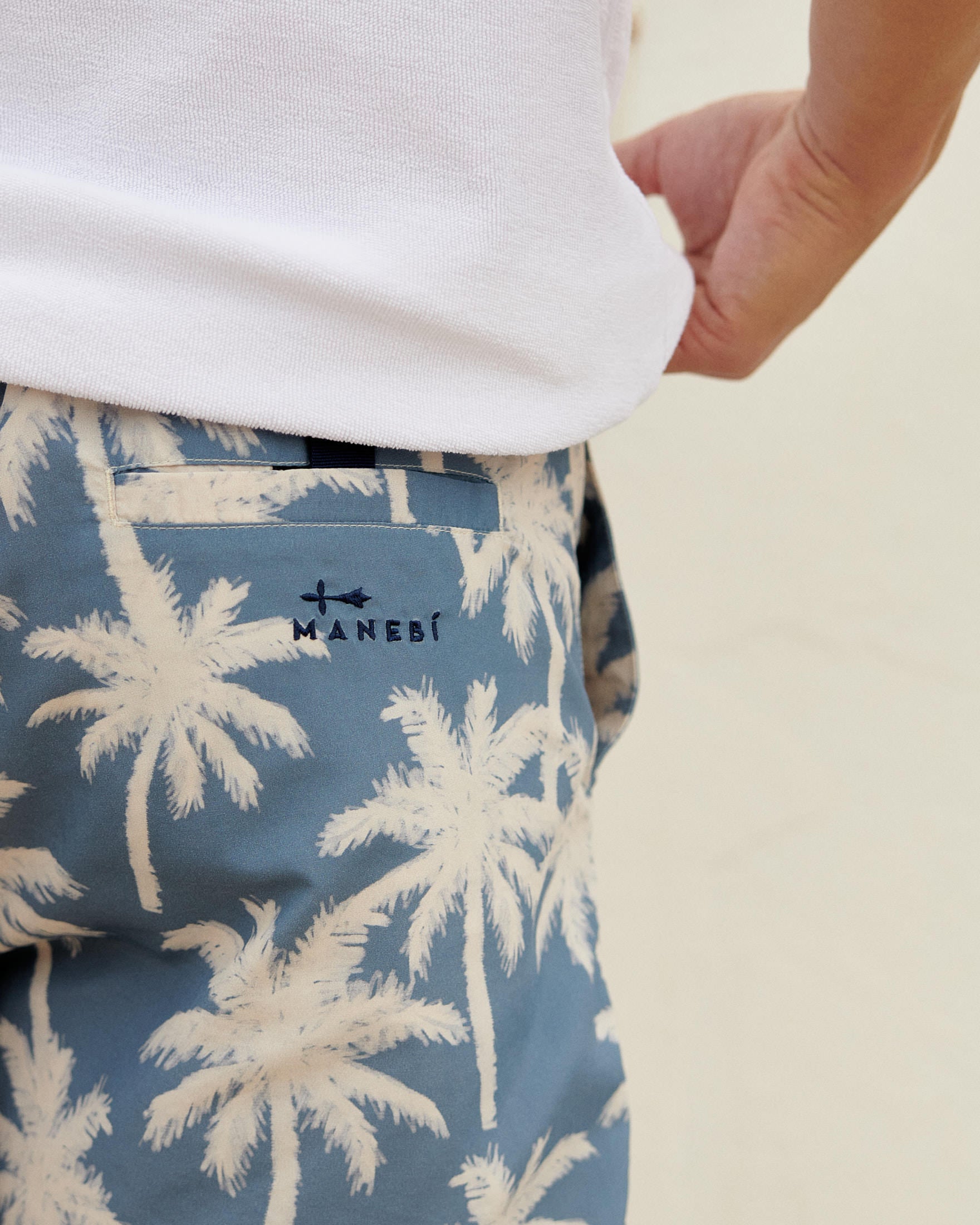 Printed Swim Shorts - Hand-Drawn Macro Palm - Indigo