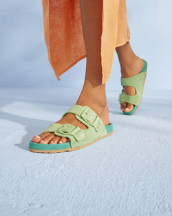 Suede Traveler Nordic Sandals - Embroidered Palm - Pastel Green