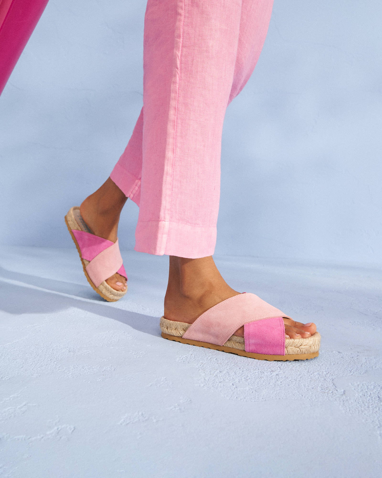 Suede Crossed Bands Sandals - Wide Bands - Blush and Bold Pink
