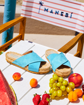 Suede Crossed Bands Sandals - North Sea and Candy Blue | 