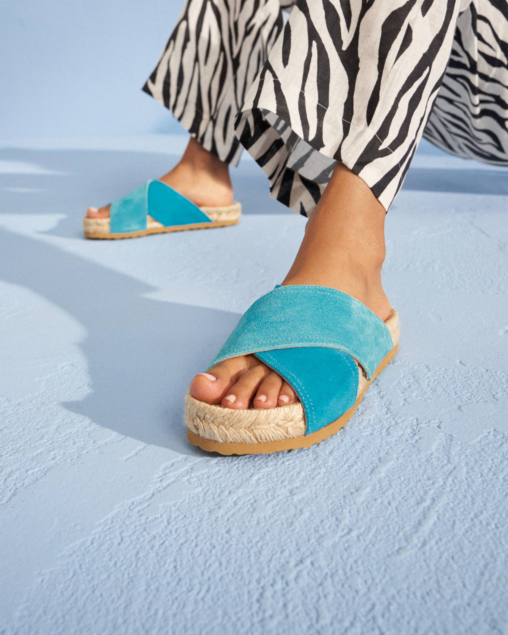 Suede Crossed Bands Sandals - Wide Bands - North Sea and Candy Blue
