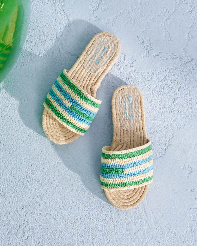 Cotton Crochet Jute Sandals - Striped - North Sea Blue and Pastel Green