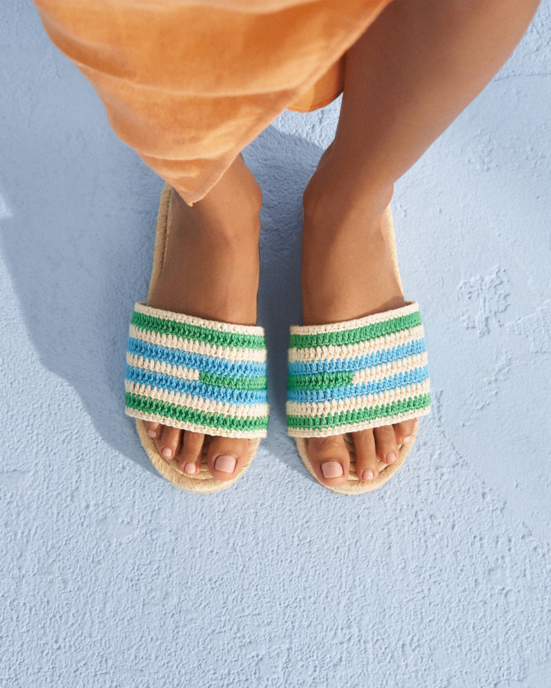 Cotton Crochet Jute Sandals - Striped - North Sea Blue and Pastel Green
