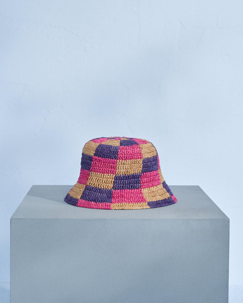 Raffia Bucket Hat - Embellished - Bold Pink and Summer Purple Mix