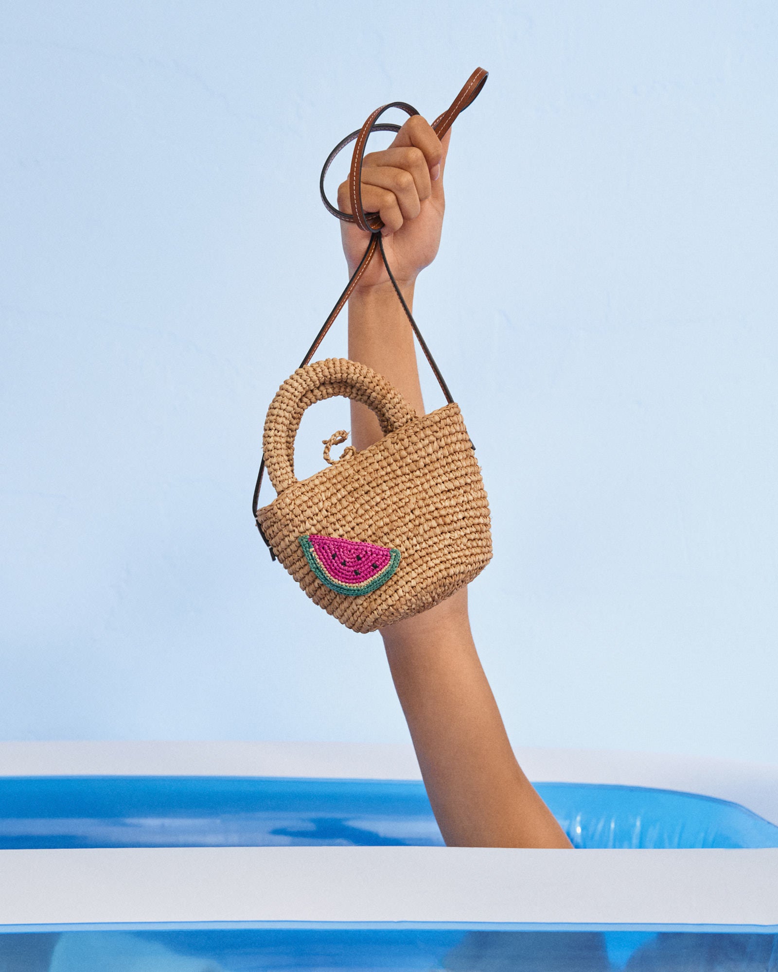 Raffia & Leather Summer Bag Mini - Tan with Watermelon