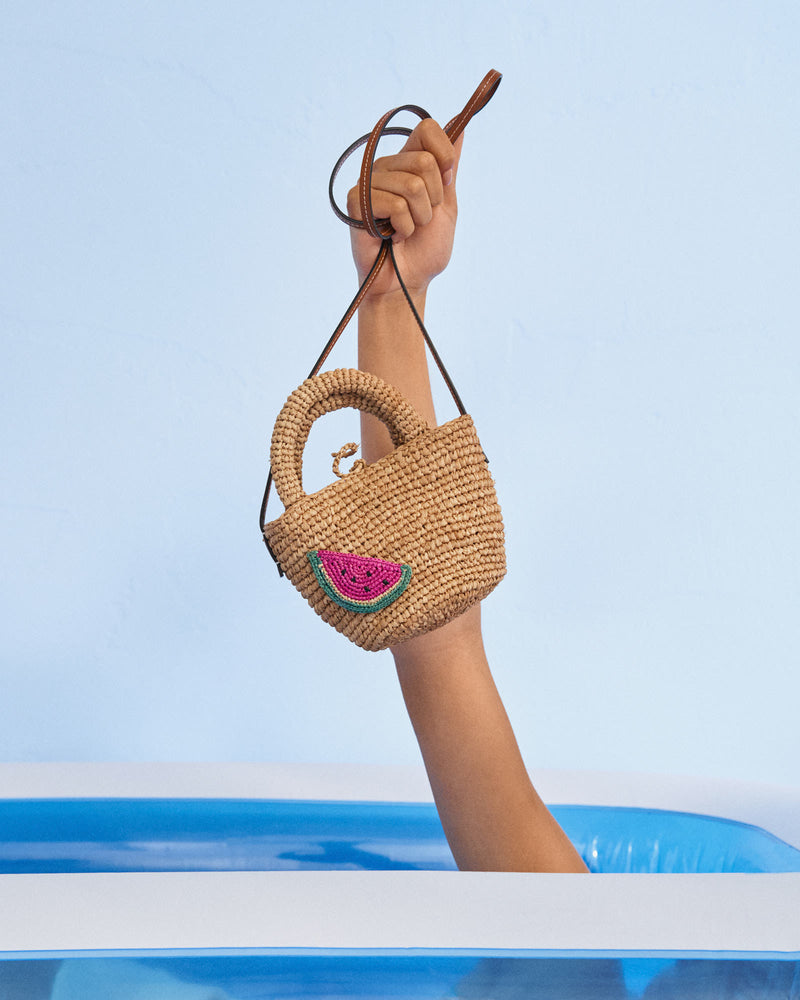 Raffia & Leather Summer Bag Mini - Cross-body Bag - Tan with Watermelon