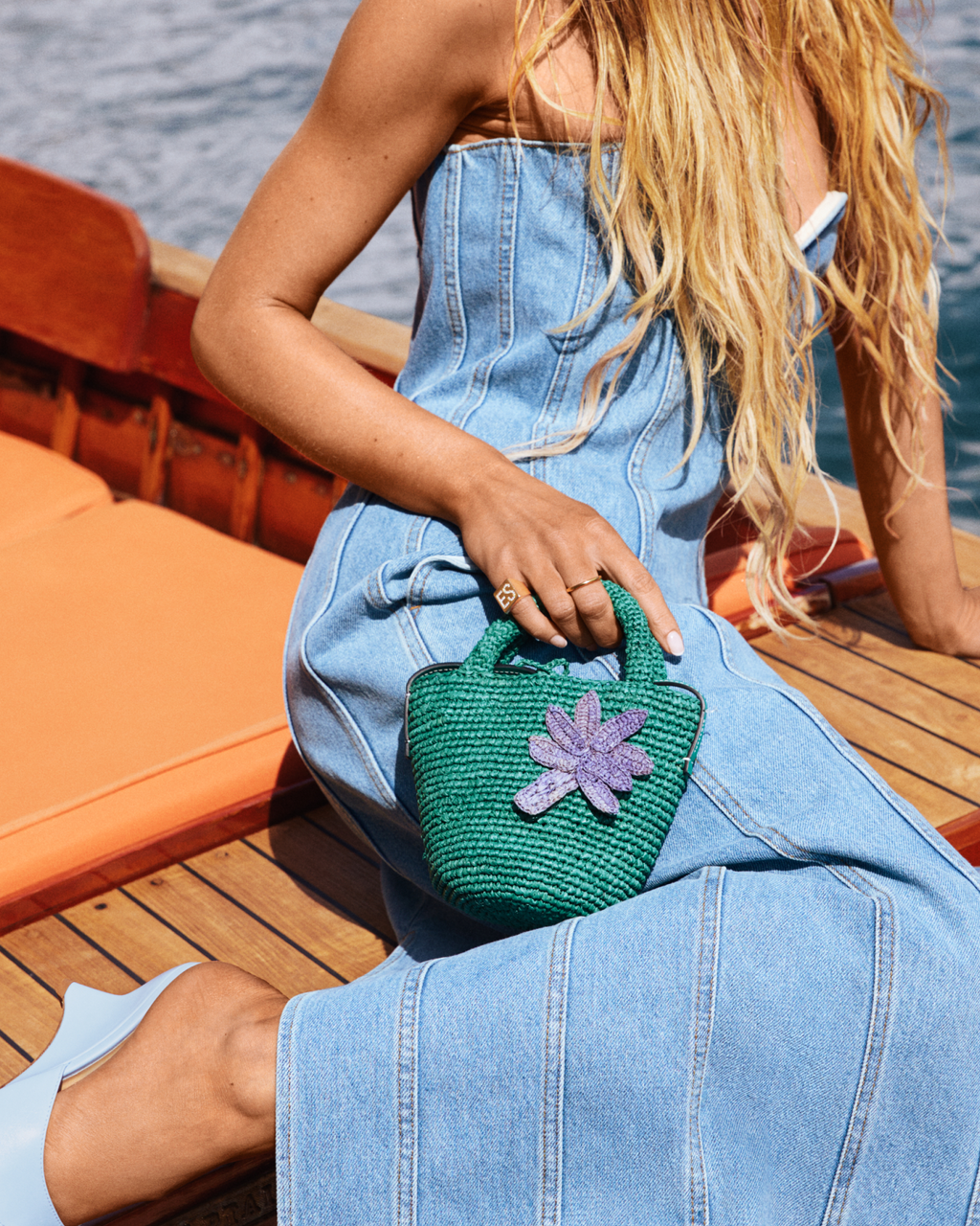 Raffia & Leather Summer Bag Mini - Cross-body Bag - Vitamin Green with Palm