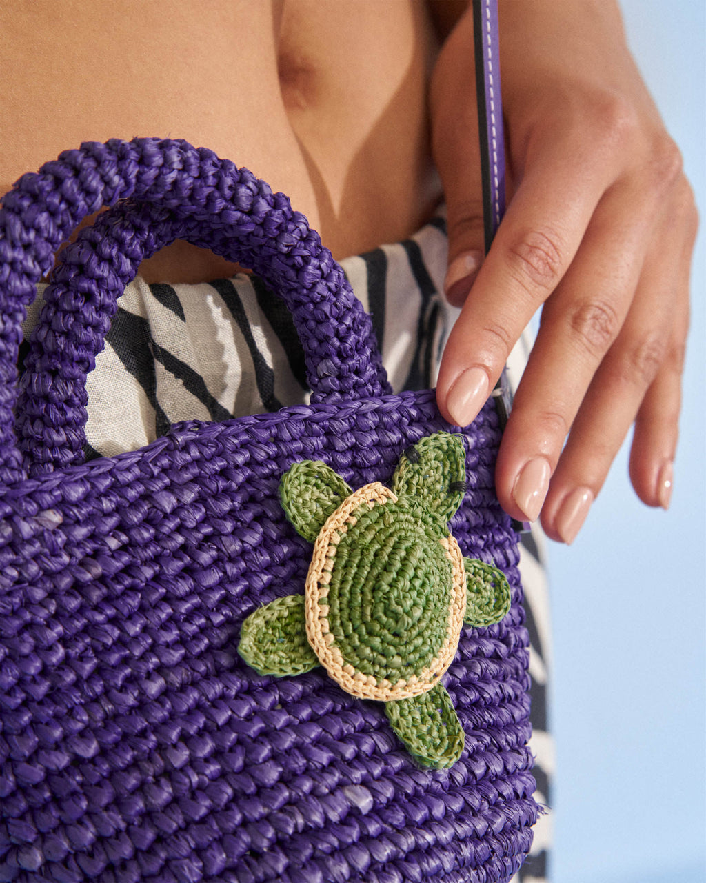Raffia & Leather Summer Bag Mini - Summer Purple with Turtle