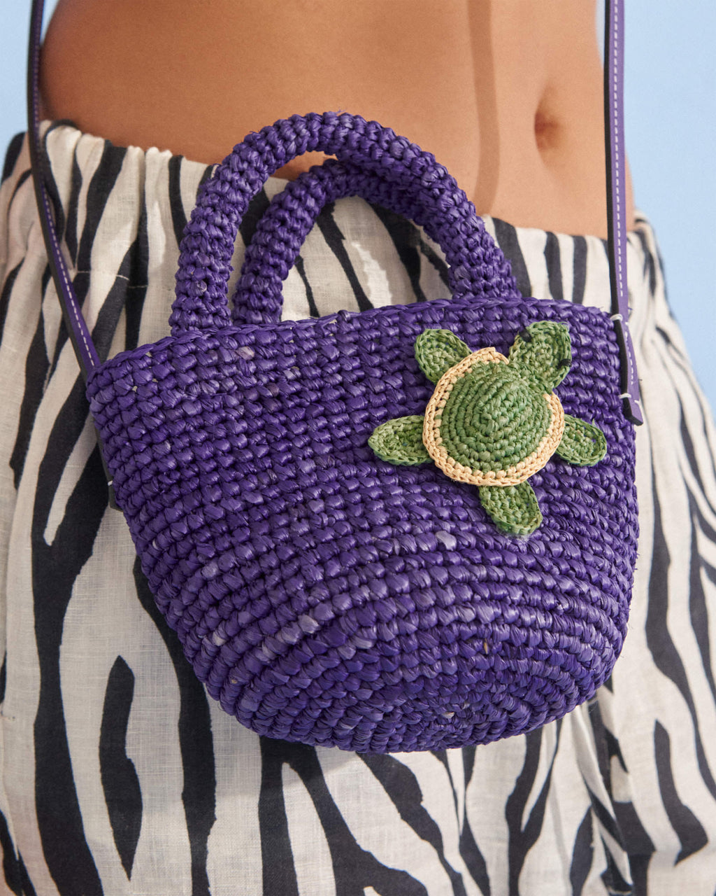 Raffia & Leather Summer Bag Mini - Summer Purple with Turtle