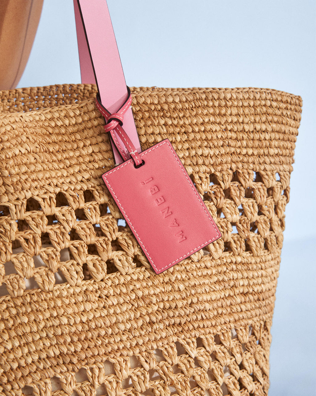 Raffia & Pink Leather Basket Bag Weaving - Fuchsia Leather Tag - Tan