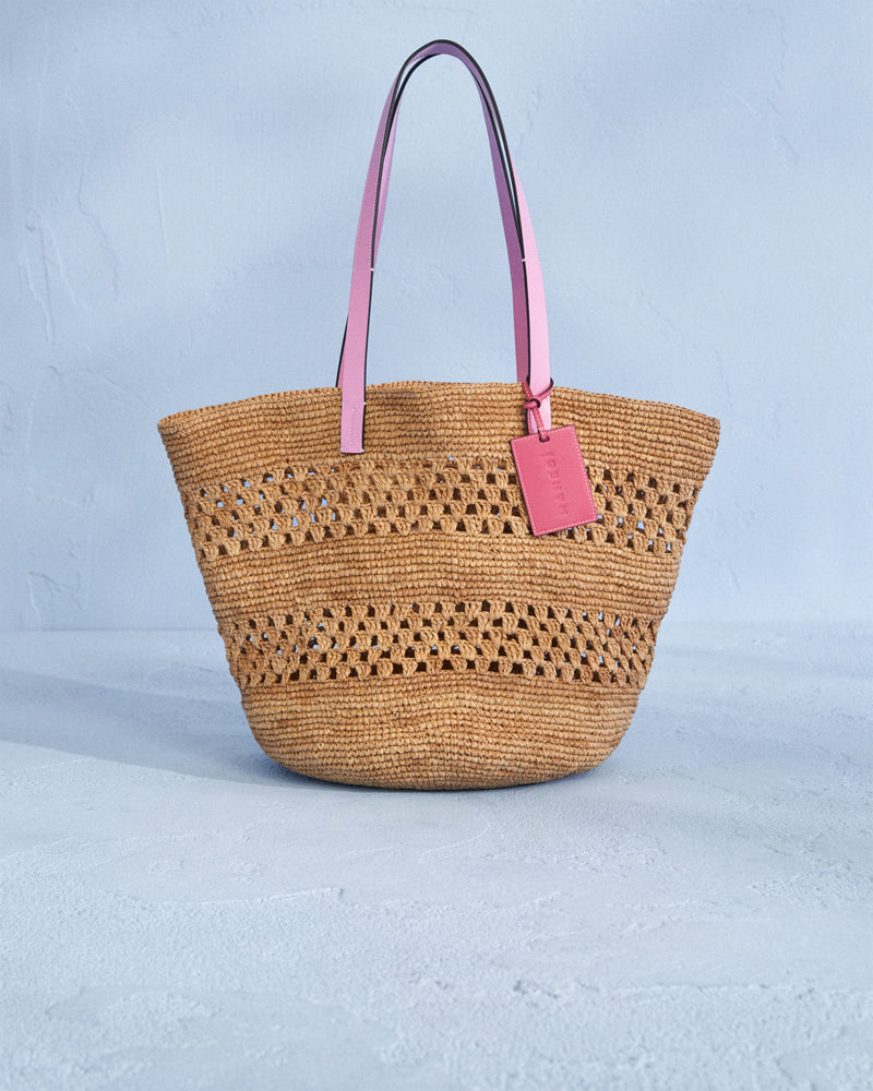 Raffia & Pink Leather Basket Bag Weaving - Fuchsia Leather Tag - Tan
