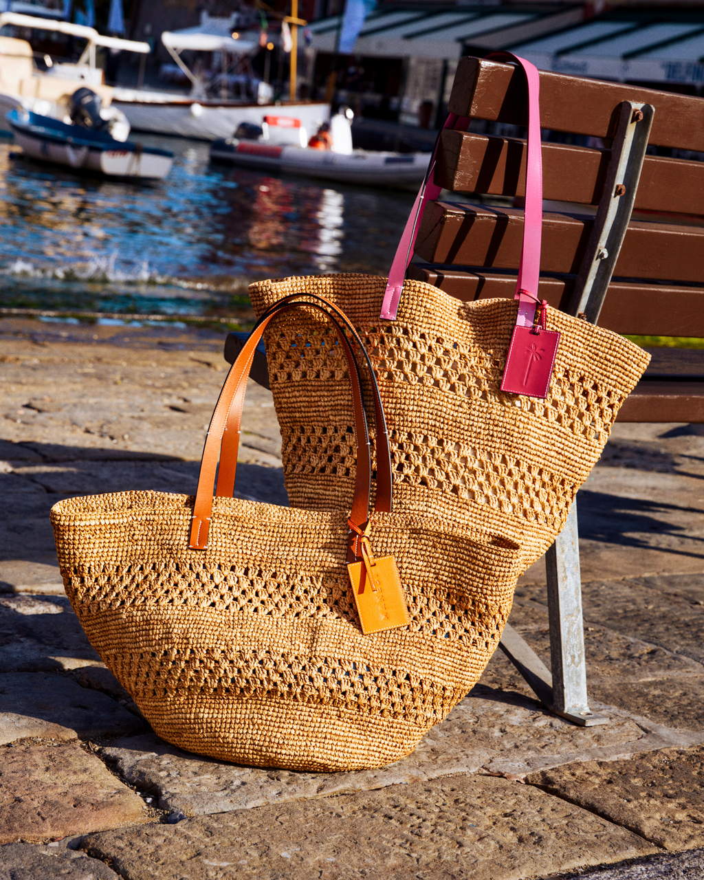 Raffia & Pink Leather Basket Bag Weaving - Tan